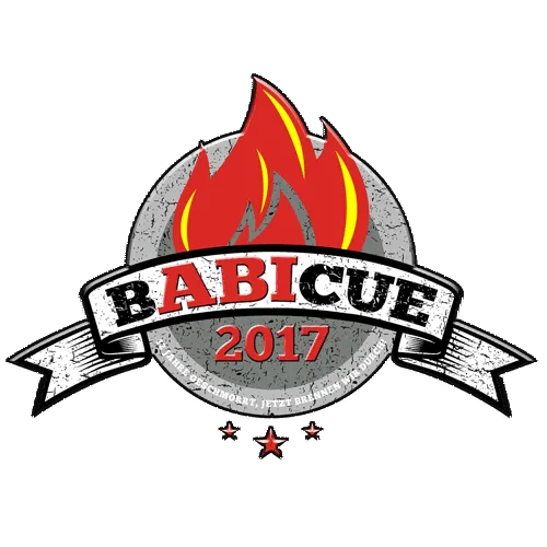 Logo mit Text "Barbecue 2017", roten Flammen und grauem Schild im Hintergrund.