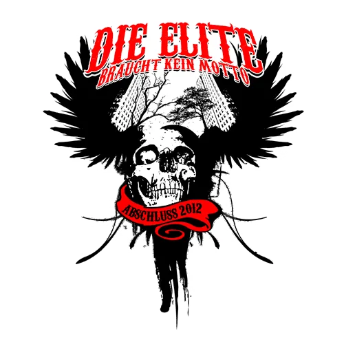 Graues T-Shirt mit einem Totenkopf, umgeben von Flügeln, und dem Text "Die Elite braucht kein Motto" und "Abschluss 2012".