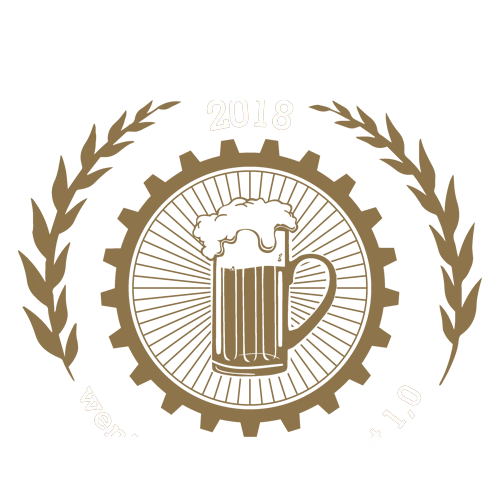 Goldenes Bierkrug-Symbol umgeben von Lorbeerkränzen und Text 'A'BIER 2018 - wenigstens s'Maß hat 1,0' auf dunkelblauem Hintergrund.