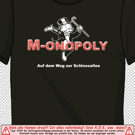 Schwarzes T-Shirt mit einem Monopoly-Maskottchen, Text "M-ONOPOLY" und "Auf dem Weg zur Schlossallee".
