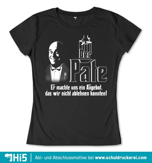 Schwarzes T-Shirt mit weißem Aufdruck, inklusive des Textes "Der Pate" und einem stilisierten Männergesicht.