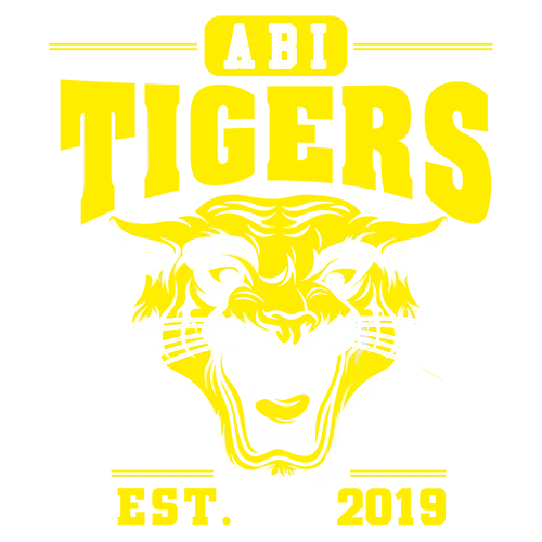 Gelber Tigerkopf mit "ABI TIGERS EST. 2019" Text auf grünem Hintergrund.
