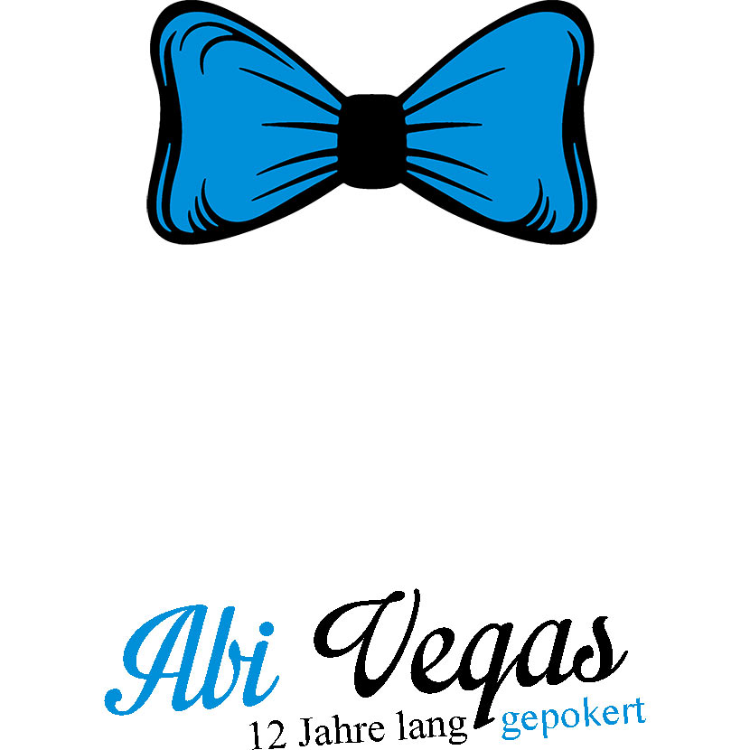 Graphik mit blauer Fliege oben, darunter Text "Abi Vegas 12 Jahre lang gepokert" in Schwarz und Blau.