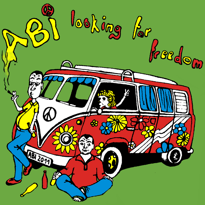 Illustration eines blumengeschmückten VW-Busses mit drei Personen und dem Text "ABI looking for freedom".