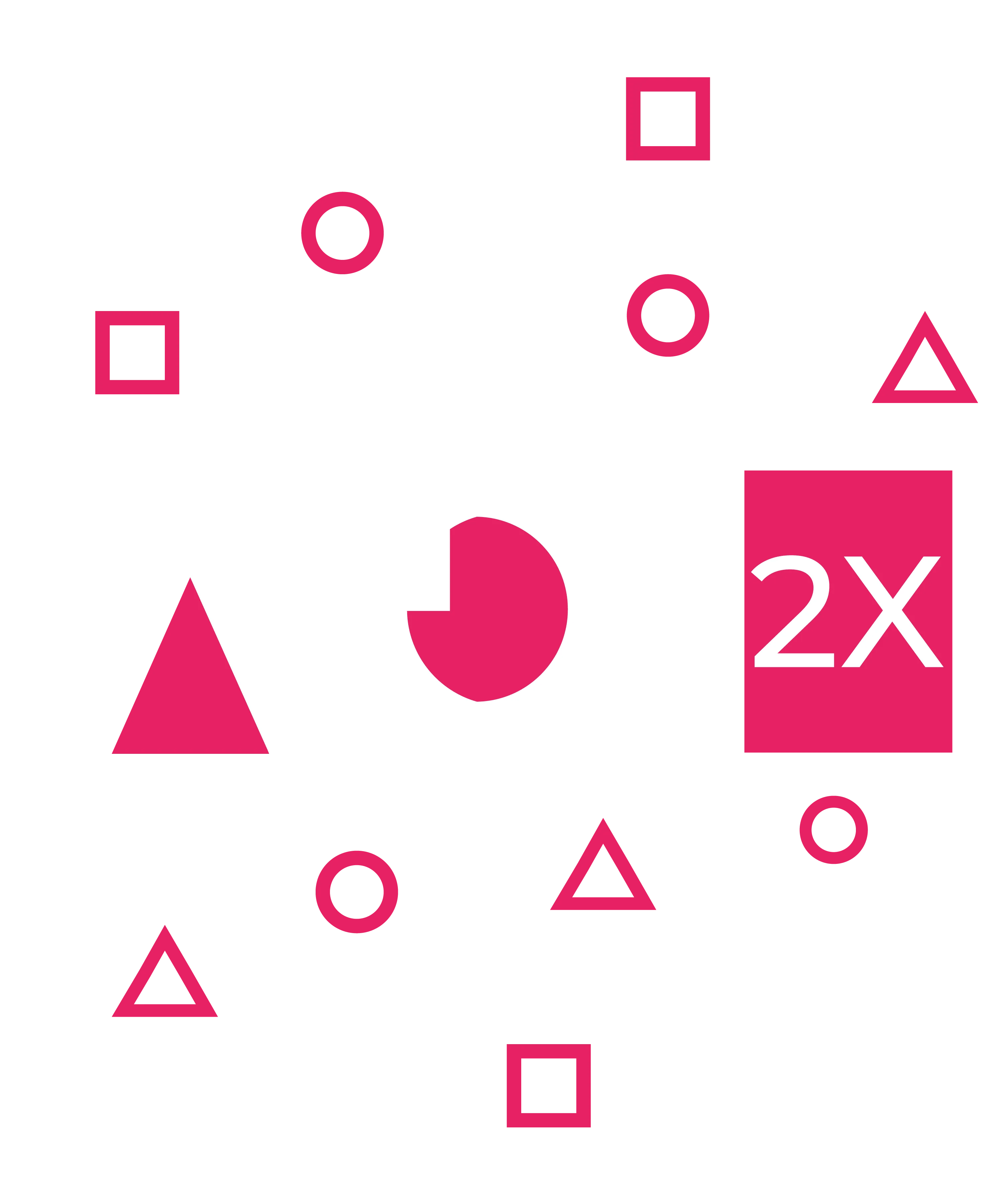 Schwarzer Hintergrund mit A aus weissem Rahmen und pinkem Dreieck weisser Kreis mit pinkem Halbkreis weisser Strich und pinkes Quadrat mit 2X