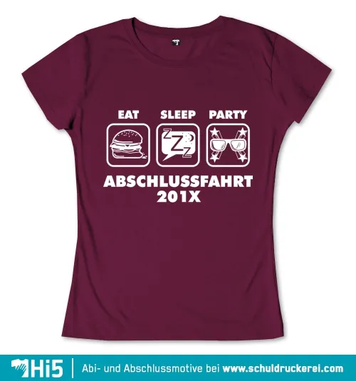 Drei weiße Icons (Burger, Schlafsymbol, Sonnenbrillen) mit den Worten "Eat, Sleep, Party" und "Abschlussfahrt 201X".