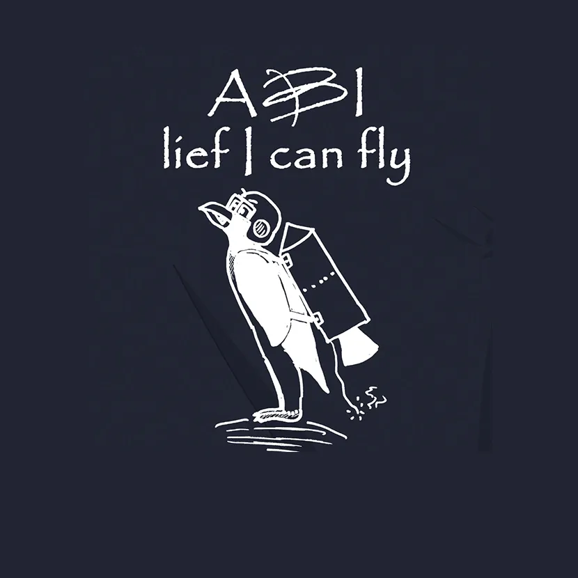 Ein Pinguin trägt einen Jetpack und Kopfhörer auf dunklem Hintergrund mit der Aufschrift 'I believe I can fly'.