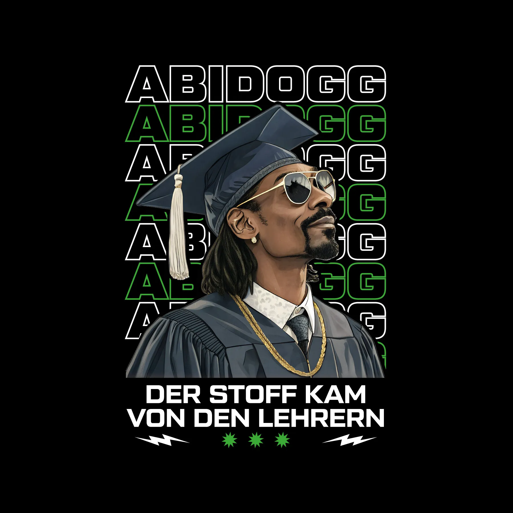 Portraet eines Manns in Doktorhut Sonnenbrille und Talarmantel vor mehreren ABIDOGG Schriftzuegen und Text DER STOFF KAM VON DEN LEHRERN