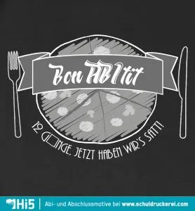 Graues grafisches Banner mit der Aufschrift "Bon Appétit" umgeben von Besteck und Tellerdetails.