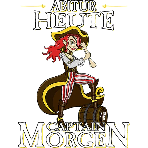 Illustration einer rothaarigen Piratin auf einem Fass mit der Aufschrift 'Captain Morgen' und 'Abitur Heute'.