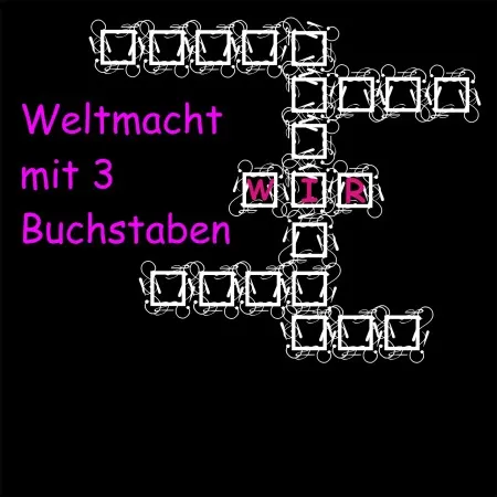 Grafik in Schwarz und Pink mit Text "Weltmacht mit 3 Buchstaben" und "WIR".
