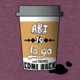 Kaffeebecher mit dem Text "ABI 19 to go and never come back" auf einem lila Hintergrund.