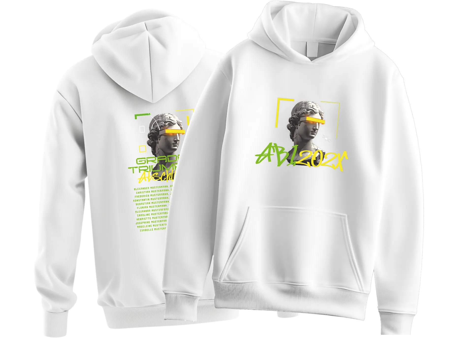 Weißer Hoodie mit grauem Statuenbüstenmotiv und gelbem Balken über den Augen sowie grün gelbem Schriftzug AB 2024 vorne und Liste von Namen hinten