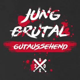Schwarzes T-Shirt mit "Jung Brutal Gutaussehend" Text in Weiß und Rot, Blutspritzer-Motiv.
