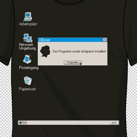 Grünes T-Shirt mit aufgedrucktem Windows-Desktop-Design, darunter Icons und ein offenes Dialogfenster.