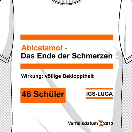 Design eines weißen T-Shirts mit fiktiver Medikamentenwerbung in Orange und Schwarz.