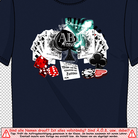 Ein dunkelblaues T-Shirt mit einem Druck von Karten, Würfeln und Grafiken rund ums Thema Glücksspiel.