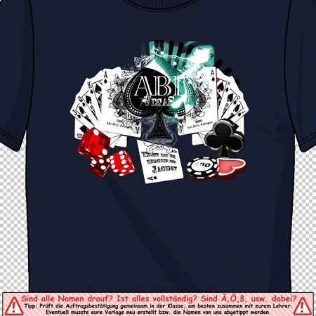 Ein dunkelblaues T-Shirt mit einem Druck von Karten, Würfeln und Grafiken rund ums Thema Glücksspiel.
