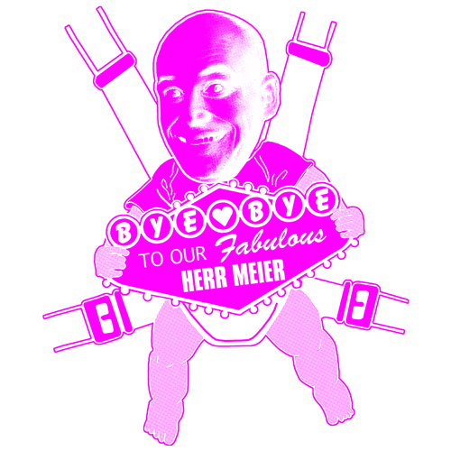 Grafik mit einem lächelnden Mann und pinker Text "ByeBye to Our Fabulous Herr Meier" im Stil eines Logos.