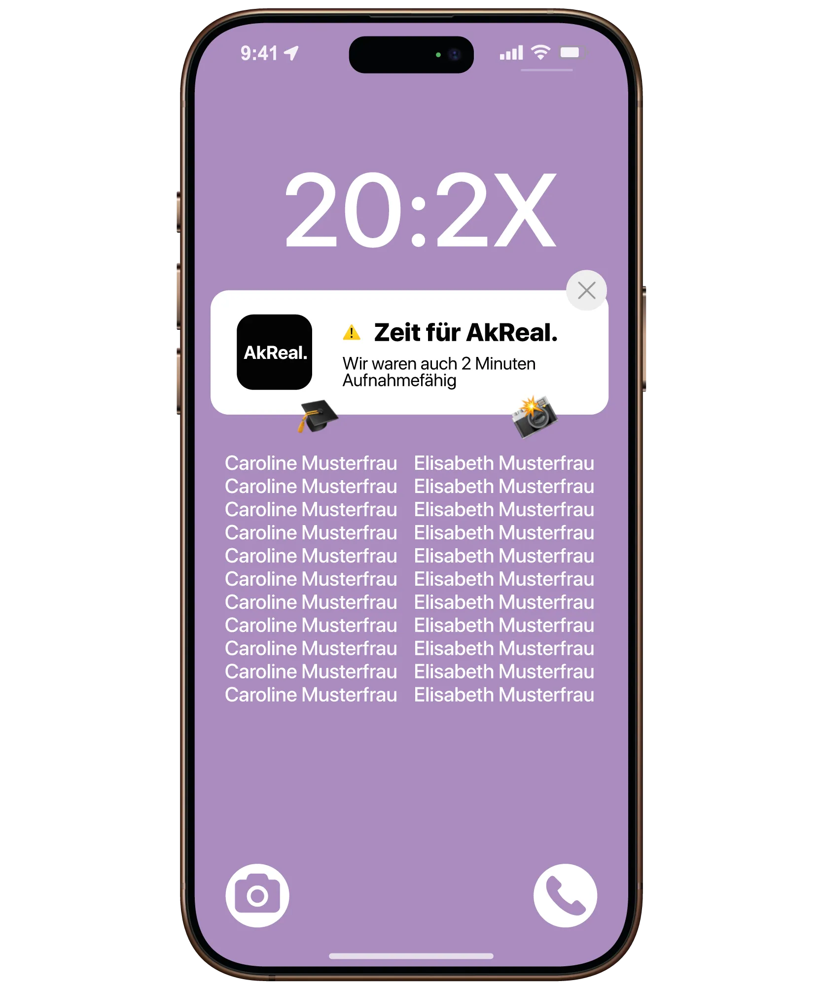 lila smartphone bildschirm zeit 20 2x akreal benachrichtigung wir waren 2 minuten aufnahmefaehig namenliste musterfrau kamera und telefon icons