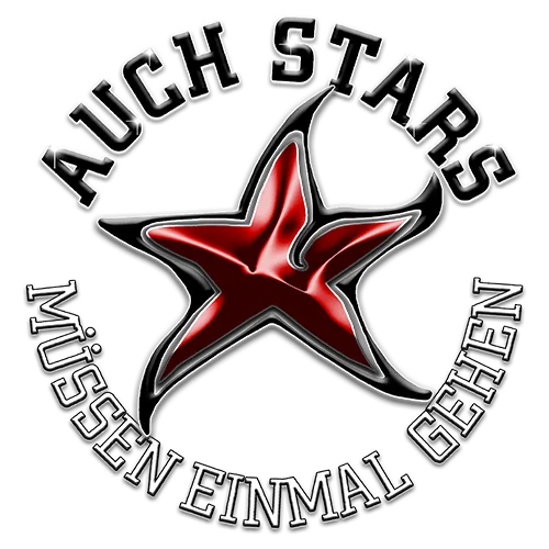 Ein roter Stern umgeben von weißem Text "Auch Stars müssen einmal gehen" auf grünem Hintergrund.