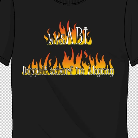 Schwarzes T-Shirt mit "WASABIl" Text und Flammen, darunter "Doppelt scharf im Abgang".