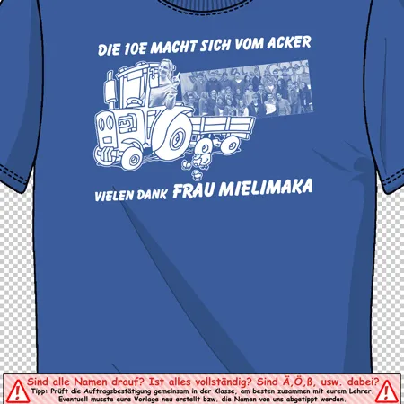 Blauer T-Shirt-Entwurf mit Traktor, Anhänger voller Schüler und Dankesworte an eine Lehrkraft.
