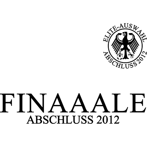 Blauer Hintergrund mit Text "FINAAALE ABSCHLUSS 2012" und Logo mit Adler und "Elite-Auswahl".