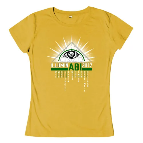 Graues T-Shirt mit Illuminati-Augensymbol und Text "ILLUMIN ABI 2017" über einem Buchstabengitter.