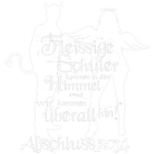 Weißes Design auf lila Shirt: Zwei Personen steigen auf Wolken mit Schultext "Fleißige Schüler kommen in den Himmel ... 2014"