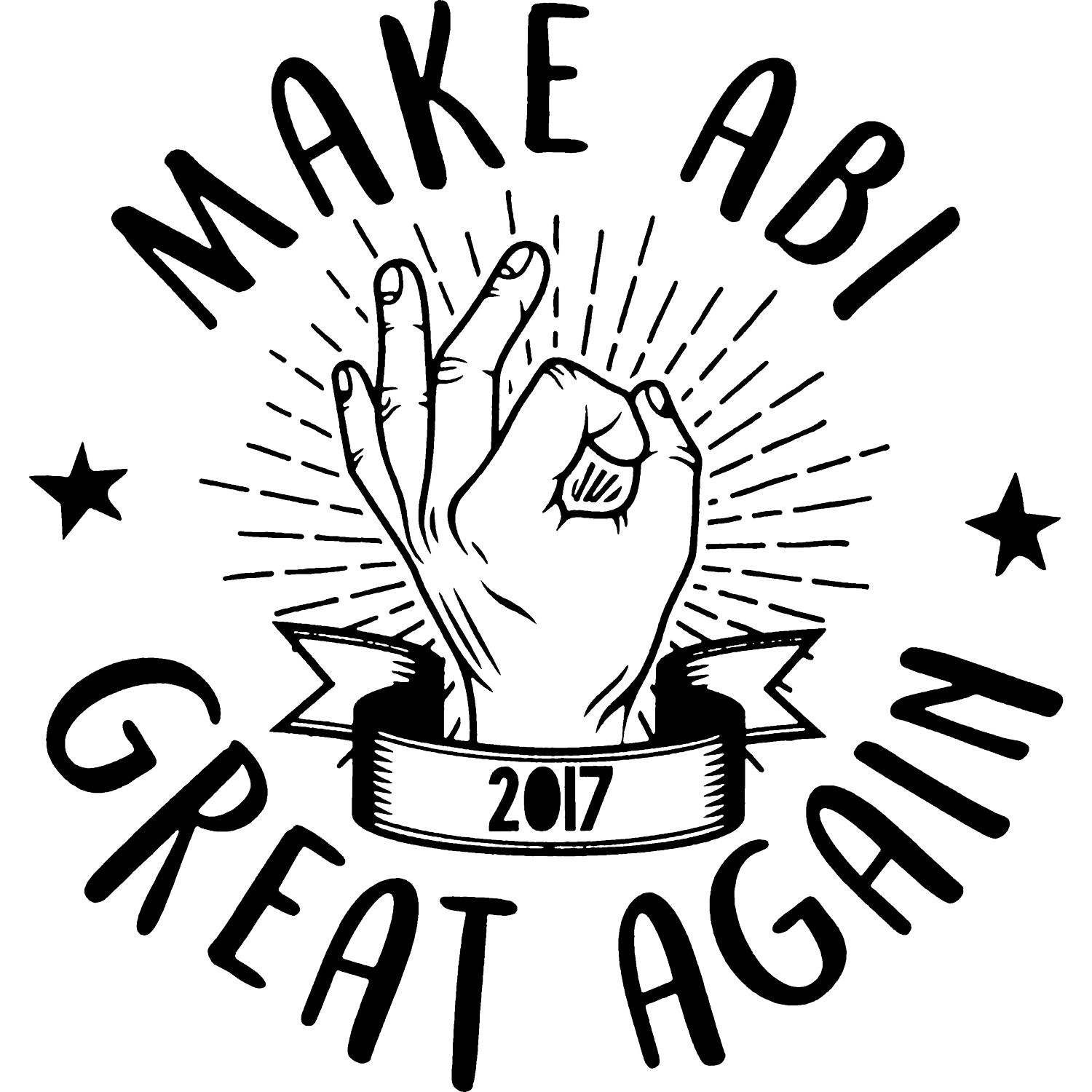 Grafik einer erhobenen Faust umgeben von Strahlen, Sternen und dem Schriftzug "Make Abi Great Again 2017".