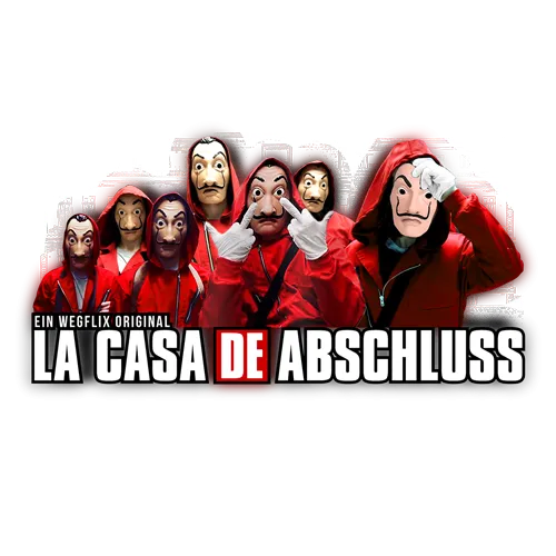 Gruppe in roten Overalls und Masken vor klassischem Gebäude, Titel "La Casa De Abschluss".
