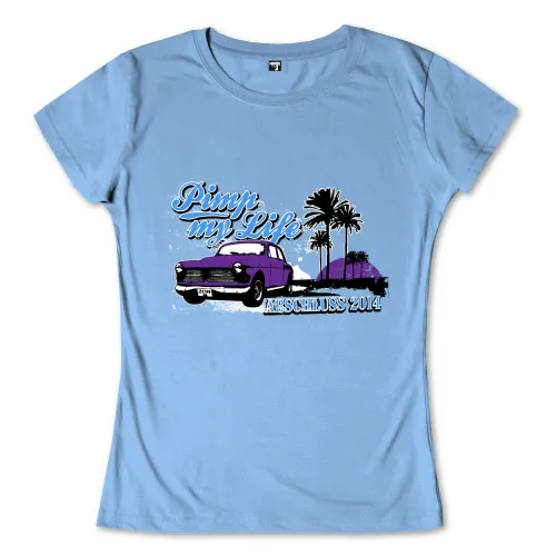 t-Shirt-Design mit lila altem Auto und Palmen vor Sonnenuntergang, Text "Pimp my Life, Abschluss 2014".