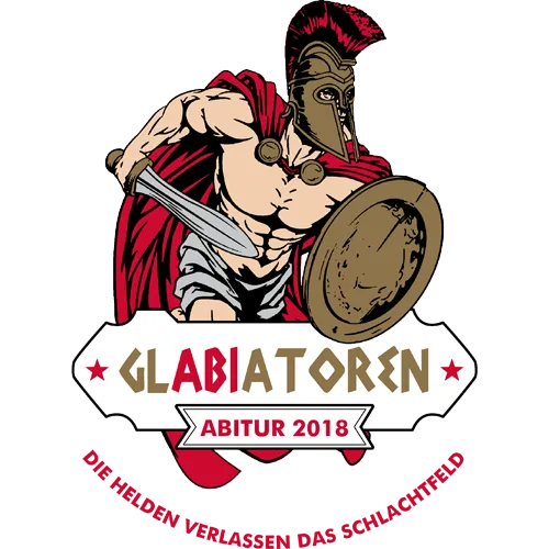 Illustration eines Gladiators mit Schild und Helm, Text "Gladiatoren Abitur 2018".