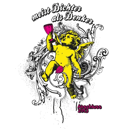 Illustration eines Engels (Putte) mit Handy auf dunkelblauem Hintergrund, Text "meist Dichter als Denker - Abi - Abschluss 2013".