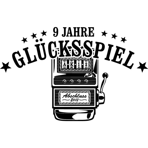 Graues T-Shirt Design mit Text "9 Jahre Glücksspiel" und einer Vintage-Schulbankdarstellung.