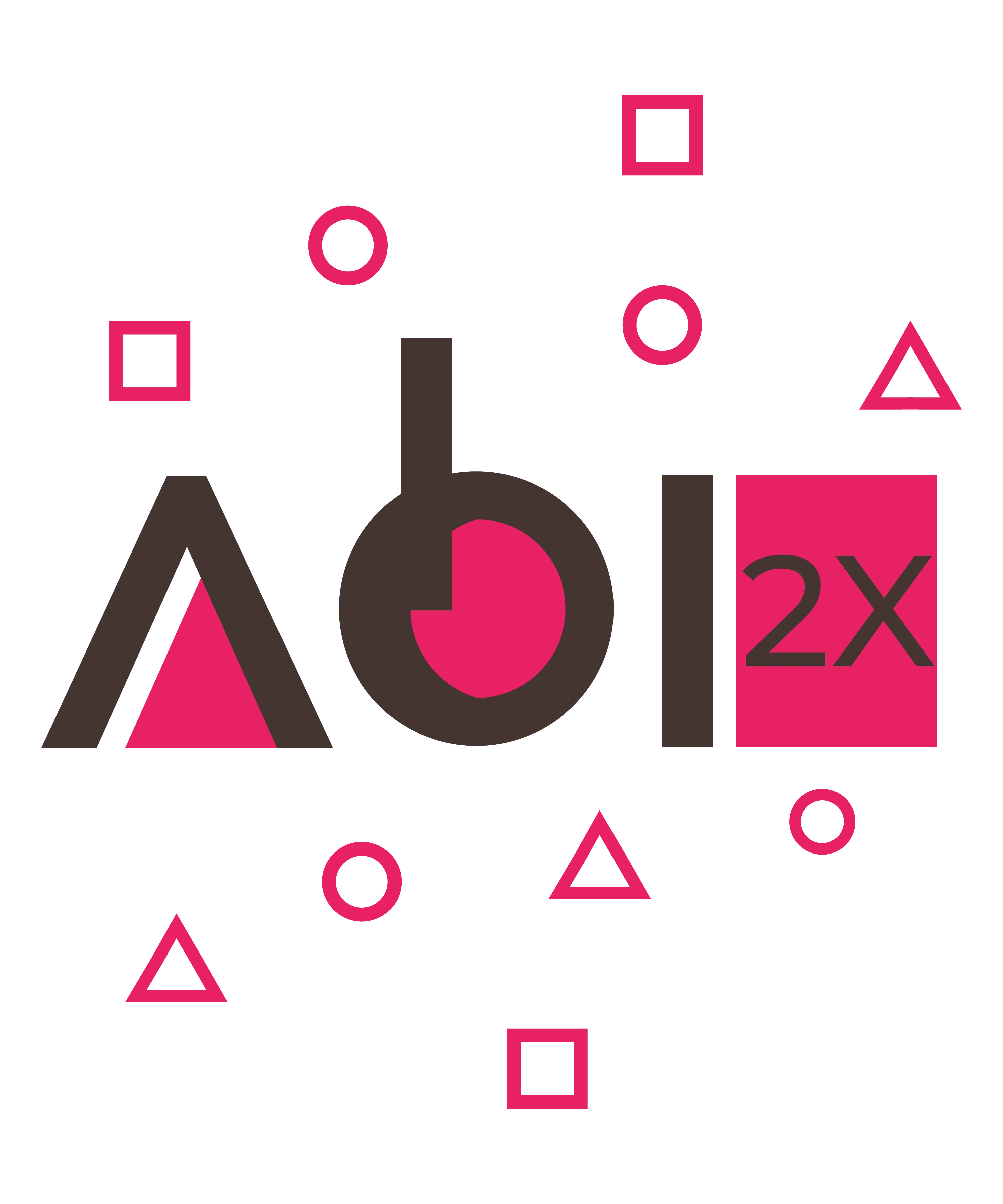 Schwarzer Hintergrund mit Schriftzug Abi in Braun und Pink neben rosa Quadrat mit 2X und verstreute rosa Kreise Quadrate Dreiecke